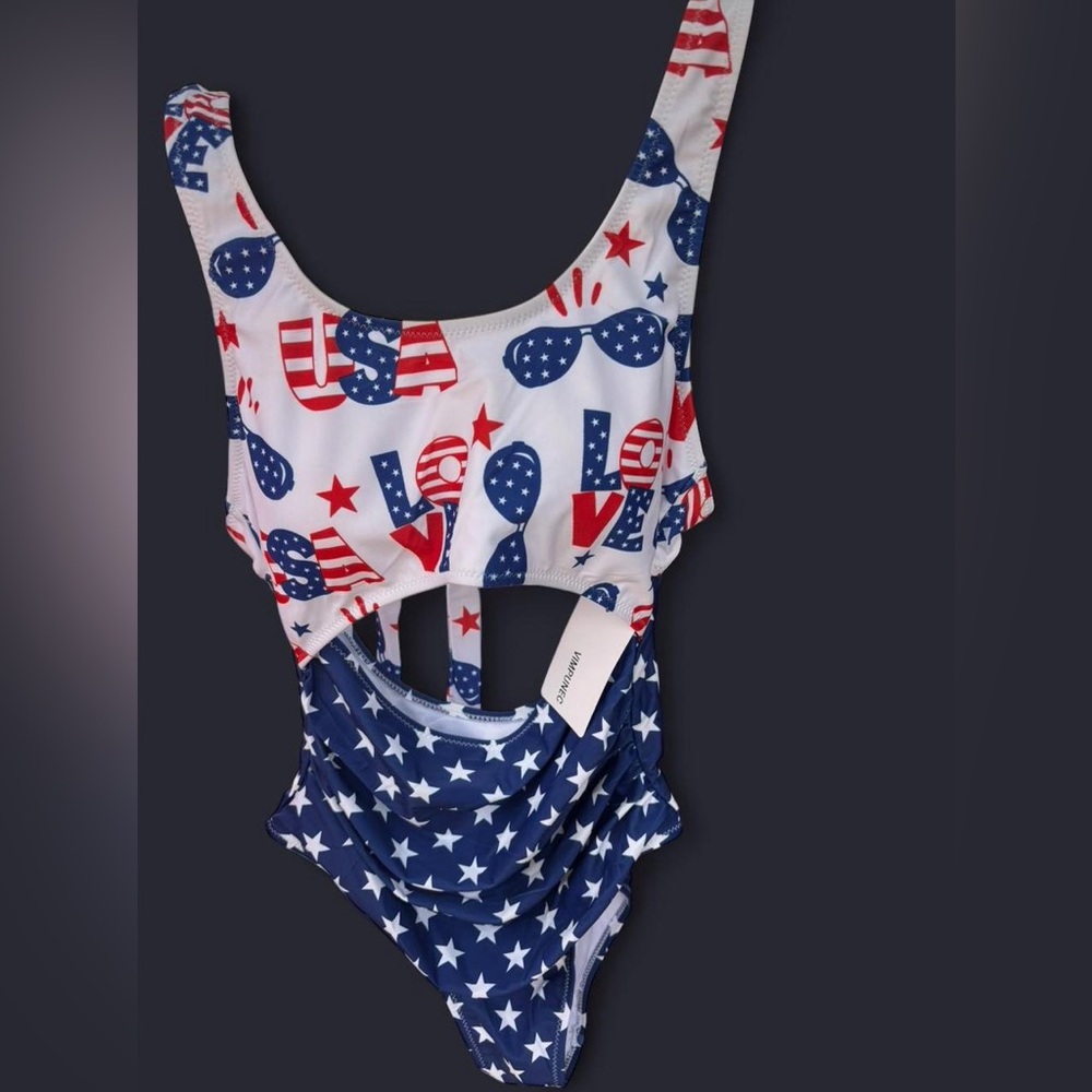 Patriotic Stars & Stripes One-Piece Swimsuit - White/Blue